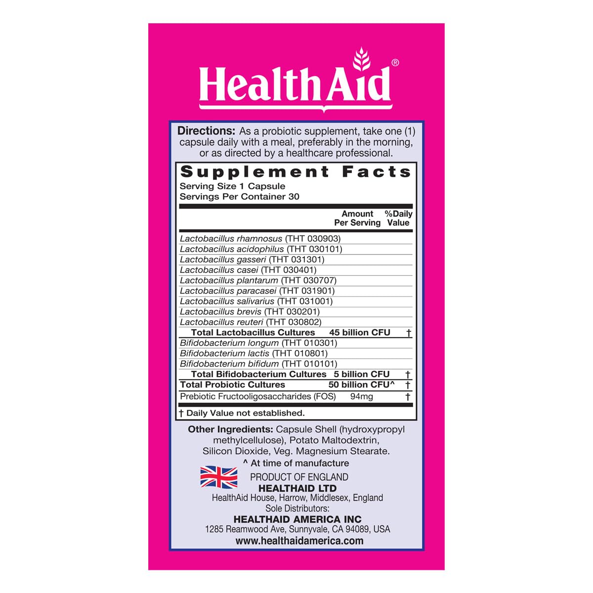 HealthAid FemProbio – Once-Daily Probiotic with Prebiotic Fiber | 50 Billion CFU | 30 Vegetarian Capsules | Acid & Bile Resistant, Lactose, Gluten & GMO-Free