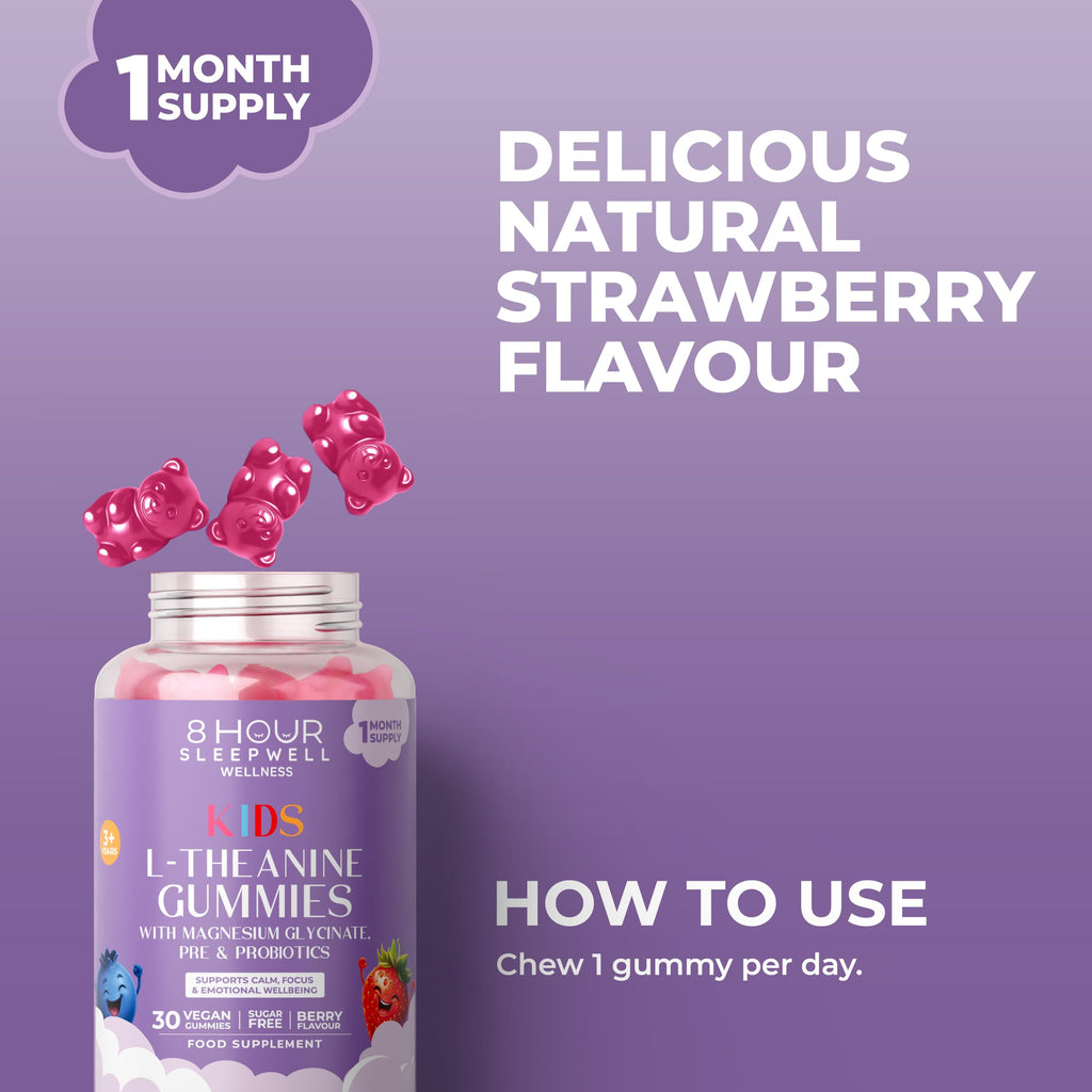Kids L Theanine Gummies – 50mg with Magnesium Glycinate & Prebiotics to Improve Kids Concentration & Focus | Sugar-Free, Vegan & Chewable | Ages 3+ | Berry Flavour | 1 Month Supply
