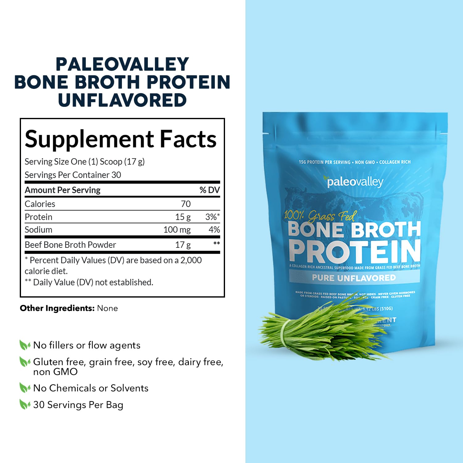 Paleovalley 100% Grass Fed Beef Bone Broth Protein Powder - Rich in Collagen Peptides for Hair, Skin, Gut Health, Bone and Joint Support - 15g Protein Per Serving - No Gluten or GMOs