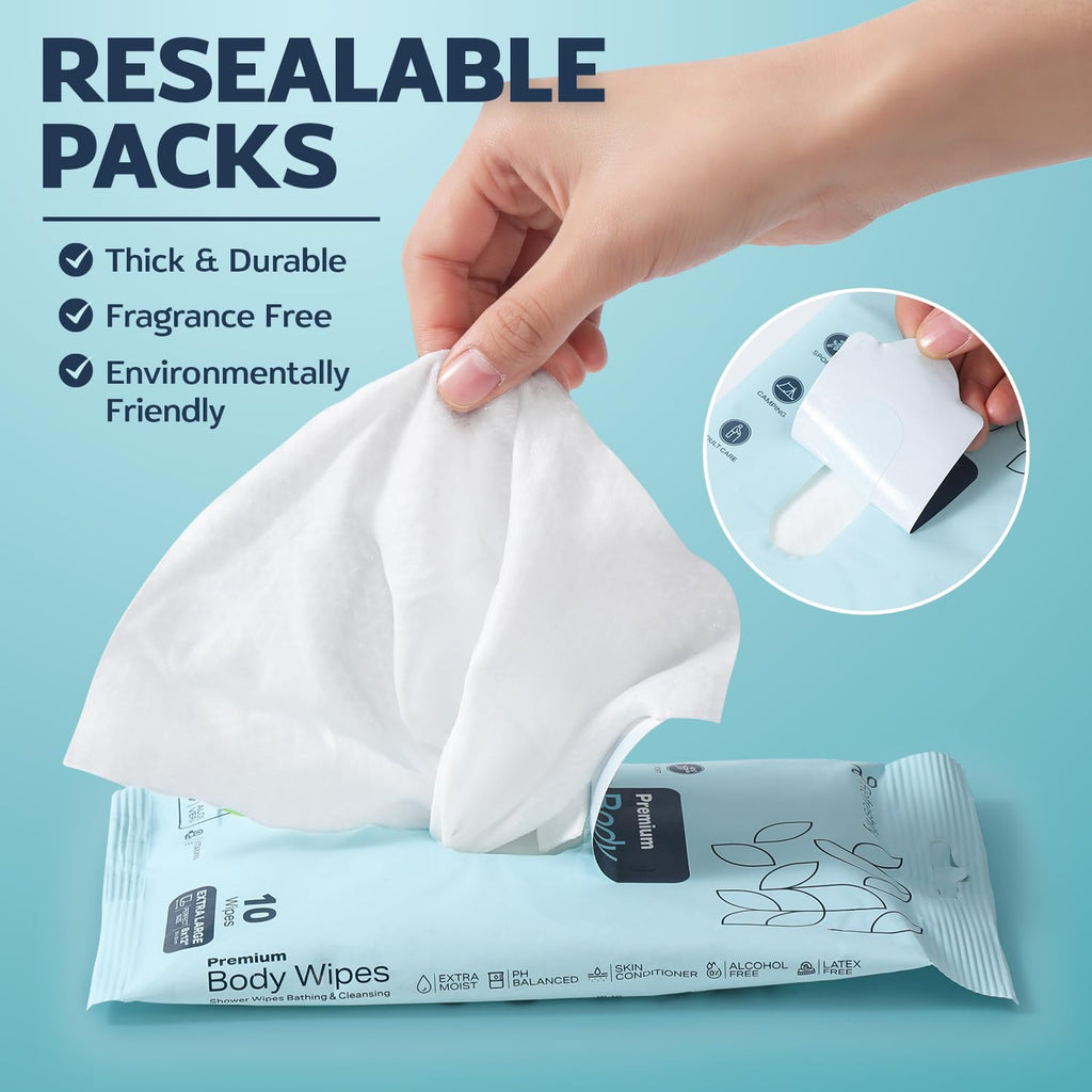 240 XL Shower Wipes – Body Wipes for Adults Bathing No Rinse – 24 Packs of 10 – Extra Moist Bath with Aloe & Vitamin E for Camping, Travel, Gym & Bedridden Care