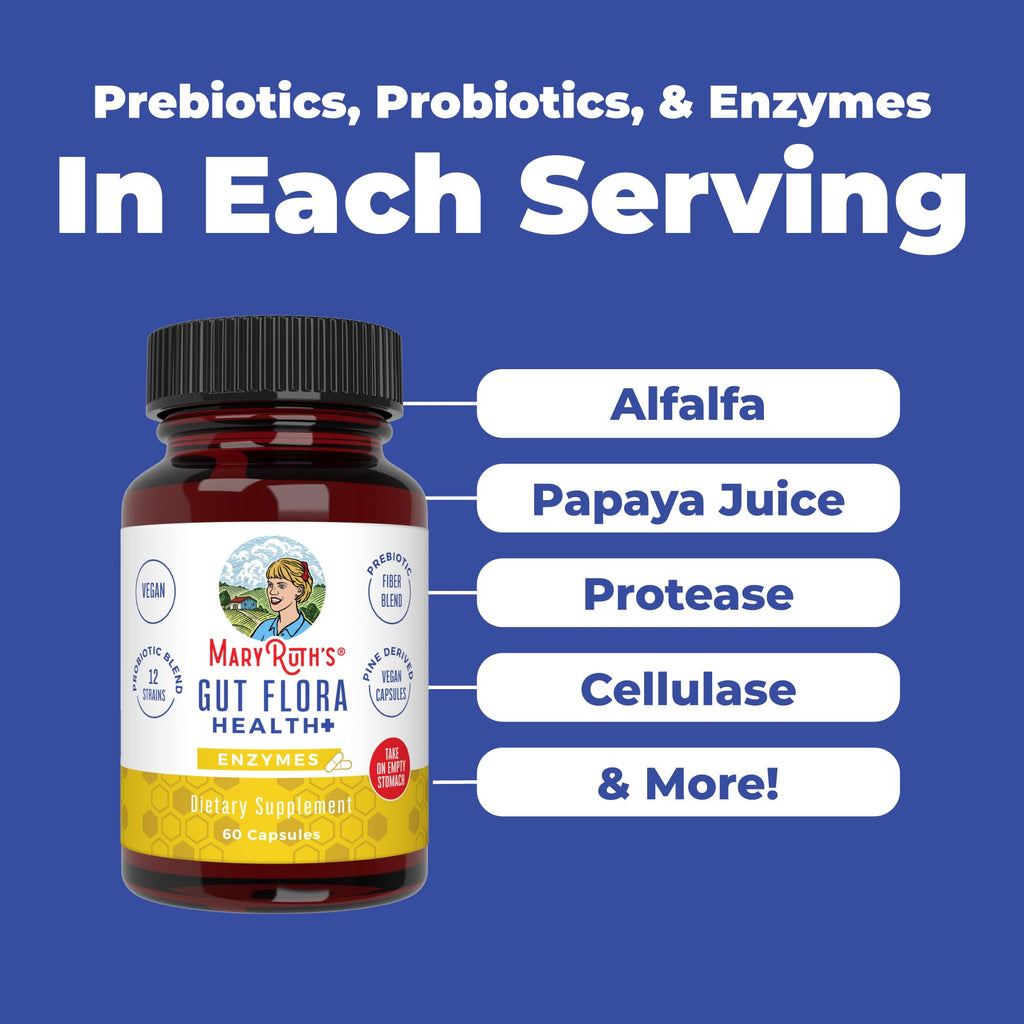 MARYRUTH'S Gut Flora Health+ Enzymes | Prebiotic & Probiotic Digestive Enzymes for Healthy Gut Biome & Digestive Support | Gastrointestinal Health | CLP Certified | 60 Capsules | 2 Month Supply