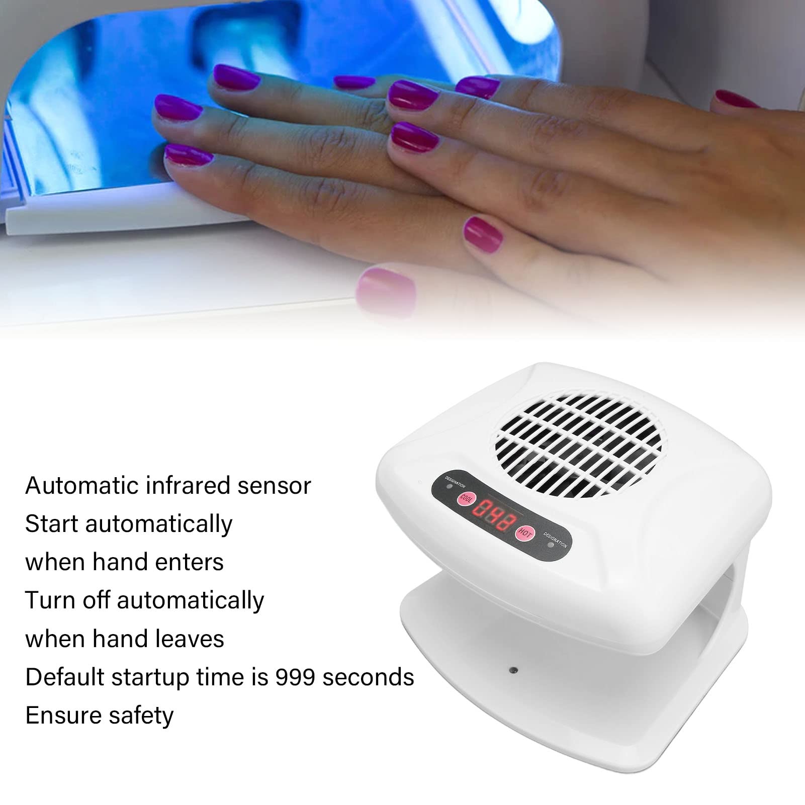 Air Nail Dryer, 300W Timing Air Nail Fan Blow Dryer, Regular Nail Polish Drying Fan with Hot and Cool Wind, Professional Nail Art Drying Fan for Manicure Salon and Daily Home Use
