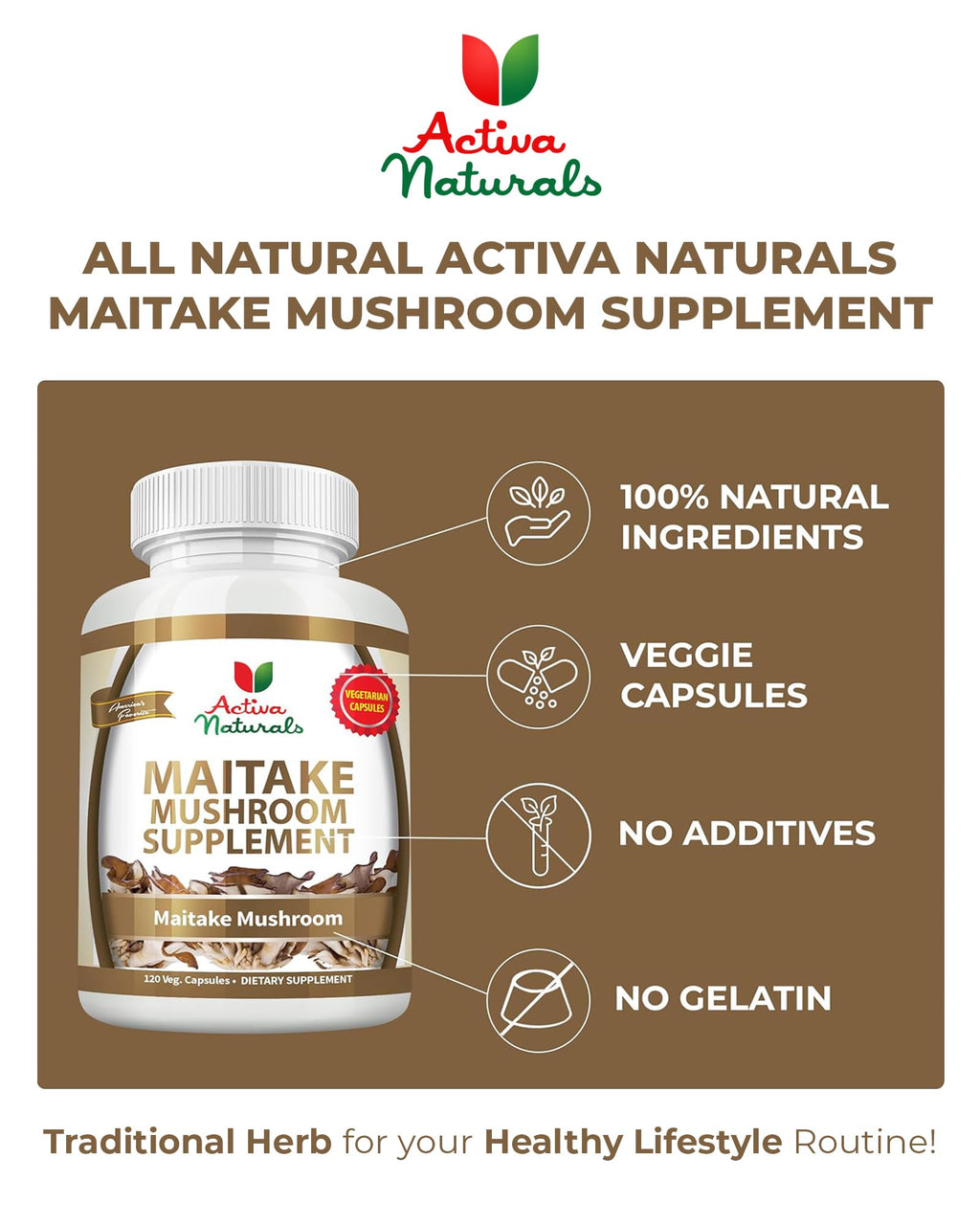 Maitake Mushroom Supplement - 1500mg, 120 Vegetarian Capsules with Grifola Frondosa Extract, Supports Energy, Vitality, and Wellness, No Fillers, Additives, or Artificial Colors or Chemicals.