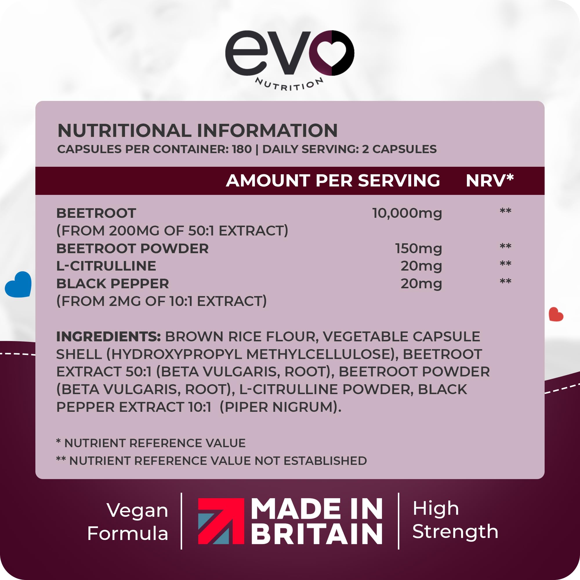 EVO Nutrition Beetroot & L-Citrulline 10,000mg, 180 Vegan Capsules