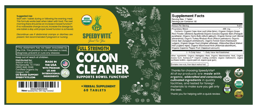 SpeedyVite® Organic Colon Cleaner Full Strength - (60 Veg Tablets) with Organic Cascara Sagrada bark, Oregon Grape Root, Turkey Rhubarb, Ginger & Fennel. Natural Supplement - Supports Bowel Function*