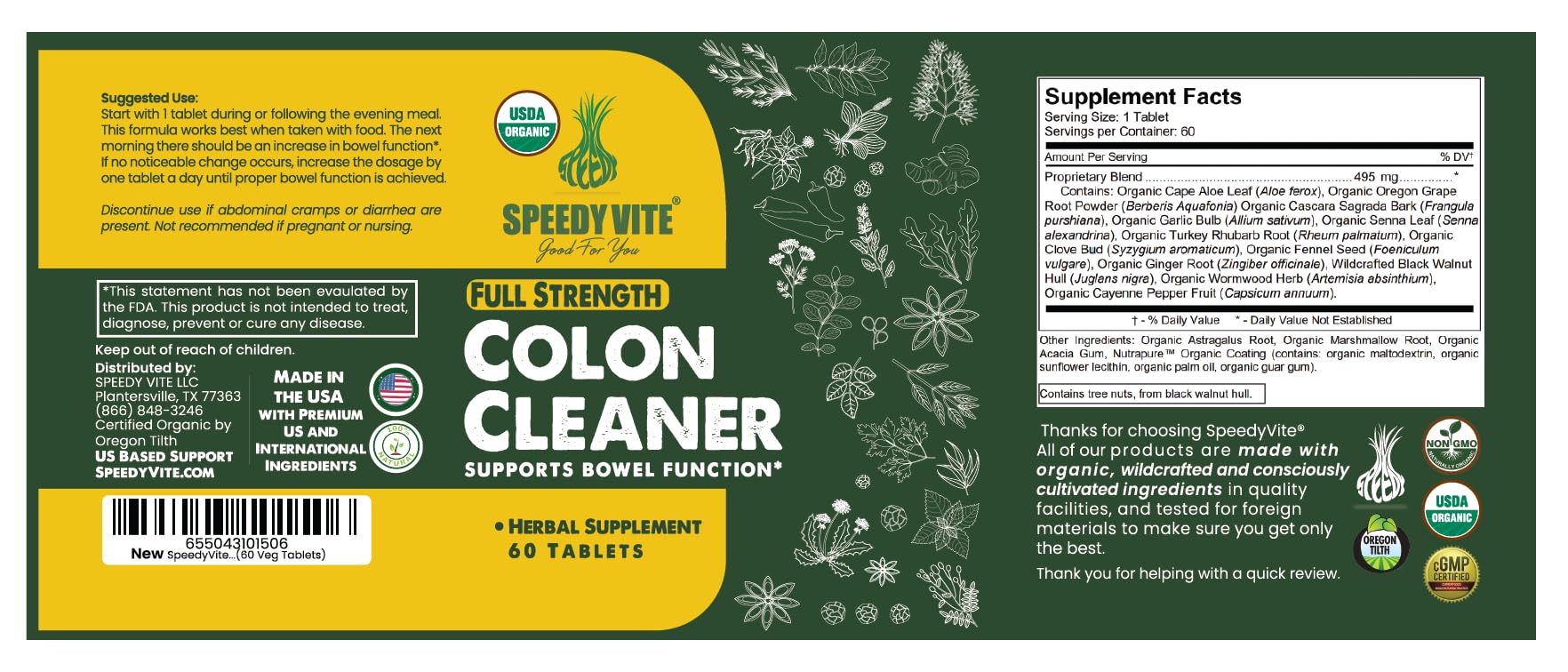 SpeedyVite® Organic Colon Cleaner Full Strength - (60 Veg Tablets) with Organic Cascara Sagrada bark, Oregon Grape Root, Turkey Rhubarb, Ginger & Fennel. Natural Supplement - Supports Bowel Function*