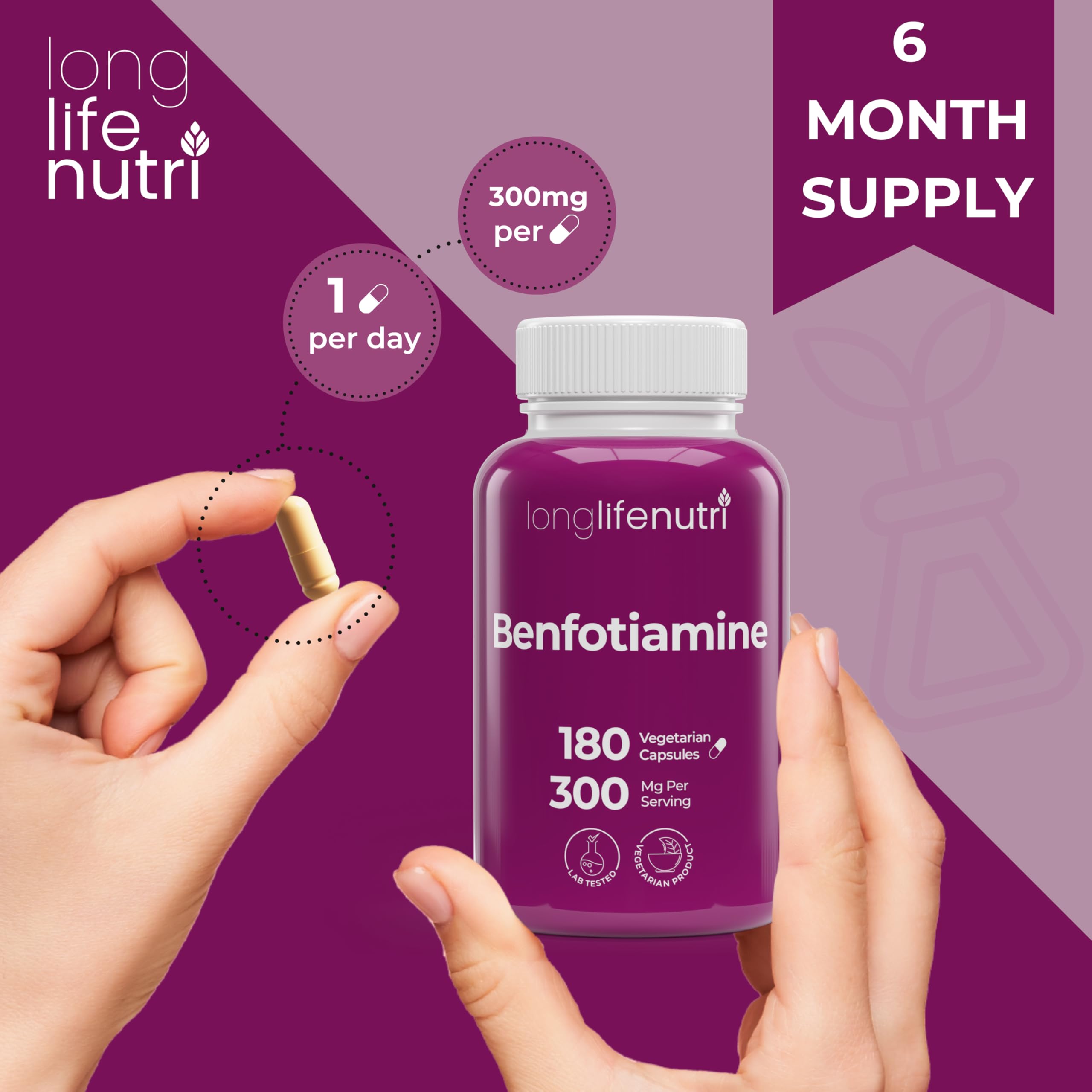 LongLifeNutri Benfotiamine 300mg – 180 Vegetarian Capsules, 6-Month Supply, Fat-Soluble B1 Thiamine Supplement for Energy and Wellness, Lab Tested, Made in USA