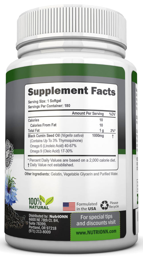 Black Seed Oil - 1000 Mg - 180 Softgels - Cold-Pressed Non-GMO Black Cumin Seed Capsules - Super High Thymoquinone Content - Nigella Sativa - Rich in Omega 6 & 9 Fatty Acids - Immune Health Support