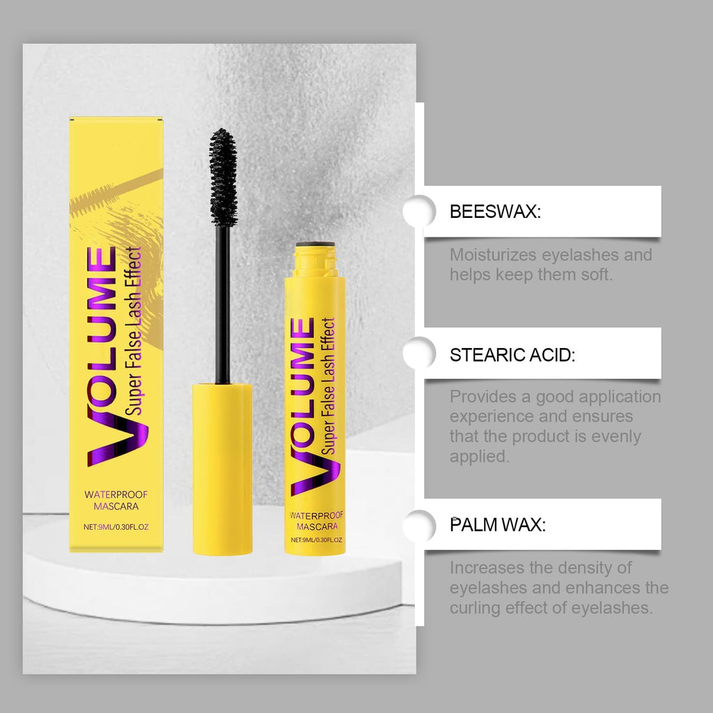 VOLUME Super False Lash Effect Waterproof Mascara - Jet-Black Volumising Lengthening Formula With Spiral Brush In Vibrant Yellow Tube For Clump-Free Smudge-Proof Daily Wear