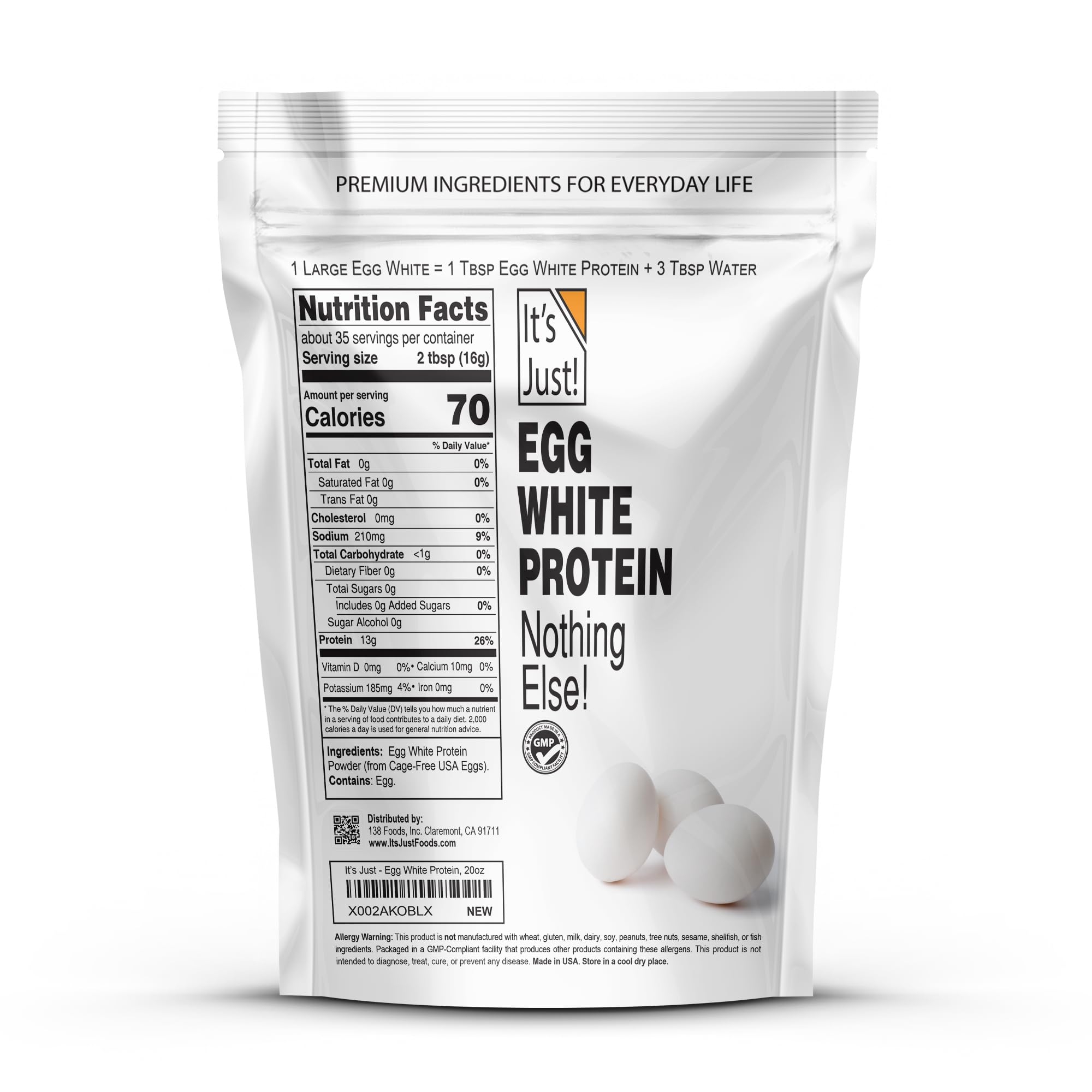 It's Just! - Egg White Protein Powder, Dried Egg Whites Protein, Meringue Ingredient, Non-GMO, USA Farms (Unflavored, 20oz)