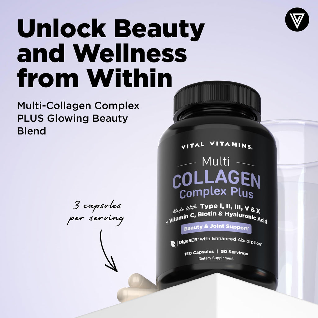 Vital Vitamins Multi Collagen Complex Plus - with Biotin, Hyaluronic Acid, Vitamin C - Type I, II, III, V, X - for Women & Men - Hair, Skin, Nails Beauty Complex - 150 Capsules