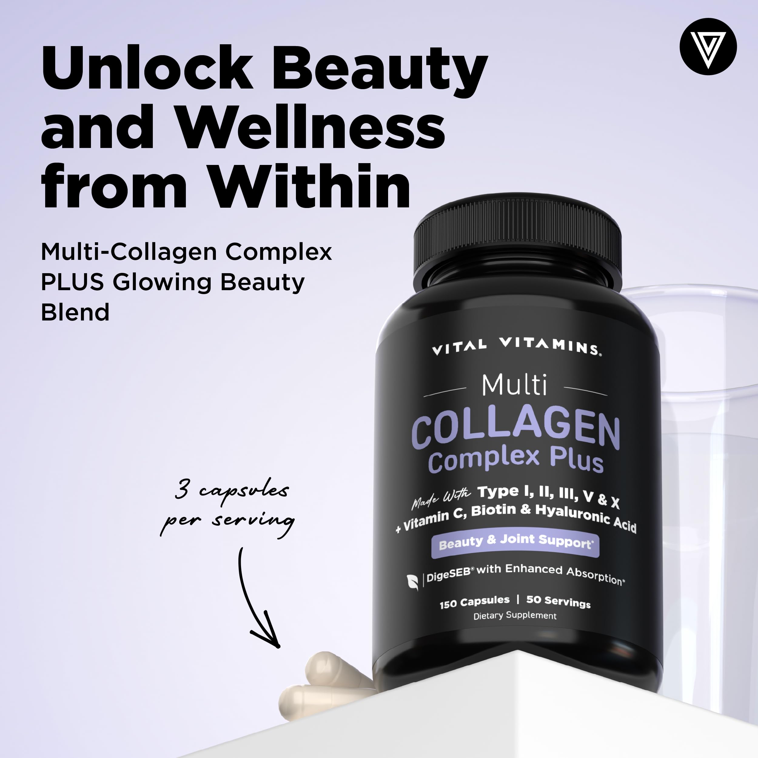 Vital Vitamins Multi Collagen Complex Plus - with Biotin, Hyaluronic Acid, Vitamin C - Type I, II, III, V, X - for Women & Men - Hair, Skin, Nails Beauty Complex - 150 Capsules
