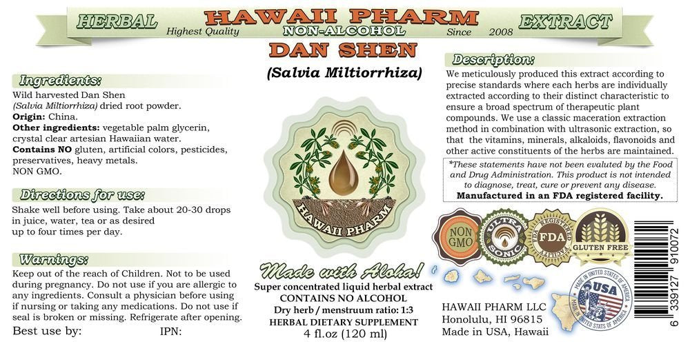 Dan Shen Alcohol-Free Liquid Extract, Dan Shen, Salvia (Salvia Miltiorrhiza) Root Glycerite Hawaii Pharm Natural Herbal Supplement 4 oz