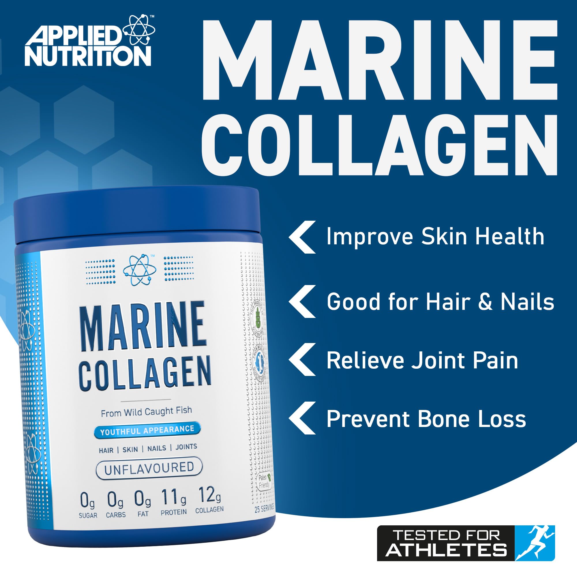 Applied Nutrition Marine Collagen Powder - Hydrolysed Collagen Protein, Healthy Skin, Hair, Nails (Unflavoured) (300g - 25 Servings)