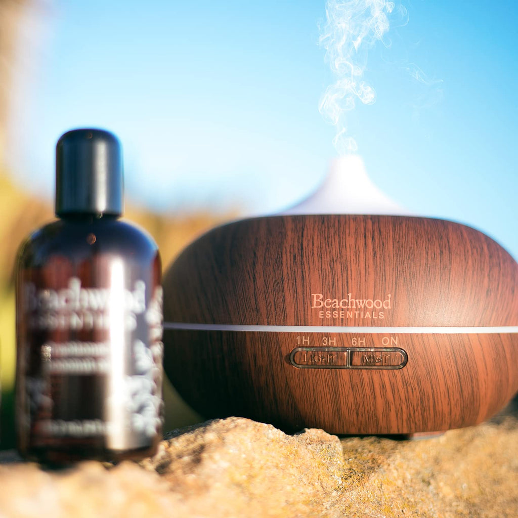 Beachwood Essentials Ultimate Ultrasonic Aromatherapy Diffuser for Essential Oils - Therapeutic Grade, Helps You to Relax - 3 Timer & 7 Ambient Light Settings - Up to 16 Hours of Use - Bamboo, 300mL