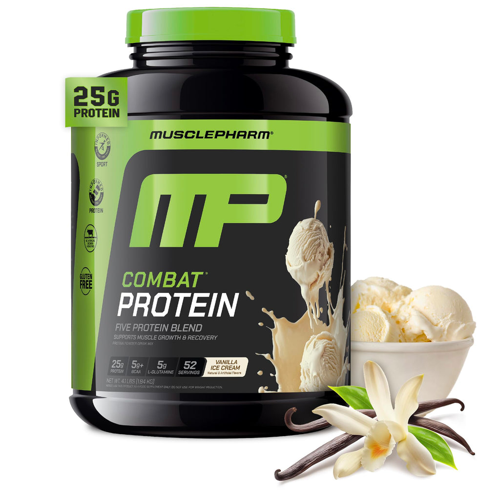 MusclePharm Combat Protein Powder, Vanilla Flavor, Fuels Muscles for Productive Workouts, 5 Protein Sources including Whey Protein Isolate & Egg Albumin, Gluten Free, 4 lb, 52 Servings