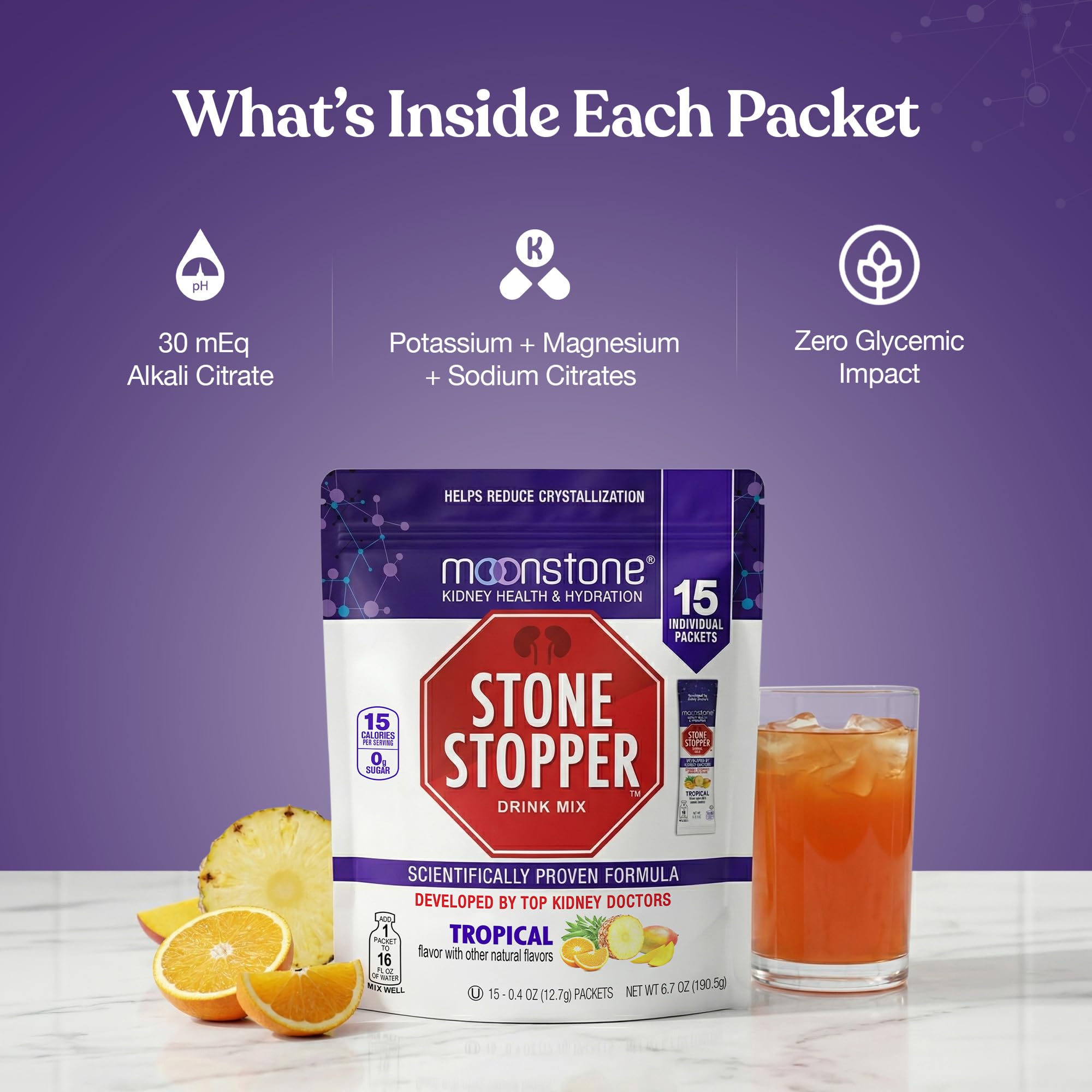 Moonstone Stone Stopper Drink Mix, Tropical, Kidney Stone Prevention, Calcium Oxalate Protector, Developed by Urologists to Improve Hydration and Support Kidney Health, 15 Day Supply