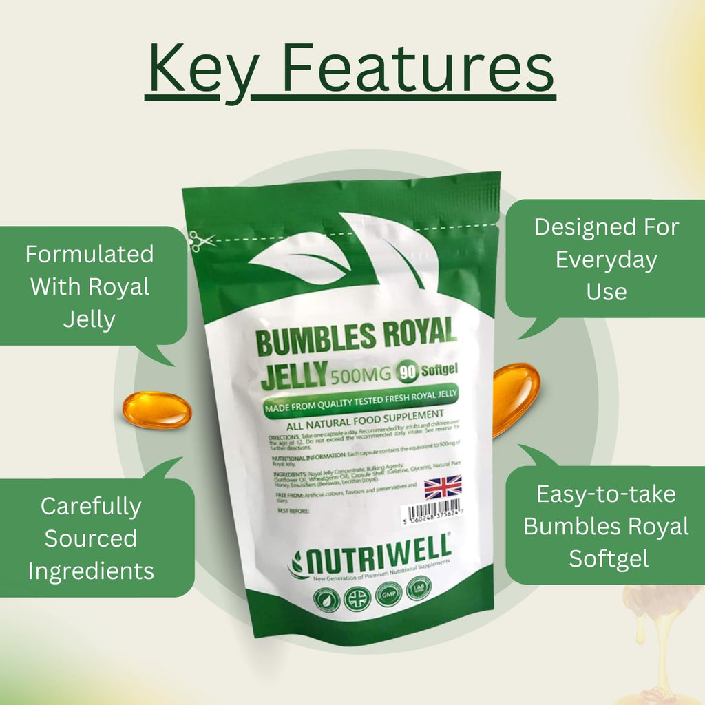 Bumbles Royal Gellee - 90 High Strength 500mg Royal Jelly Softgel Capsules to Support Immune System and Boost Energy, for Healthy Hair & Skin, Made in The UK by Nutri Well