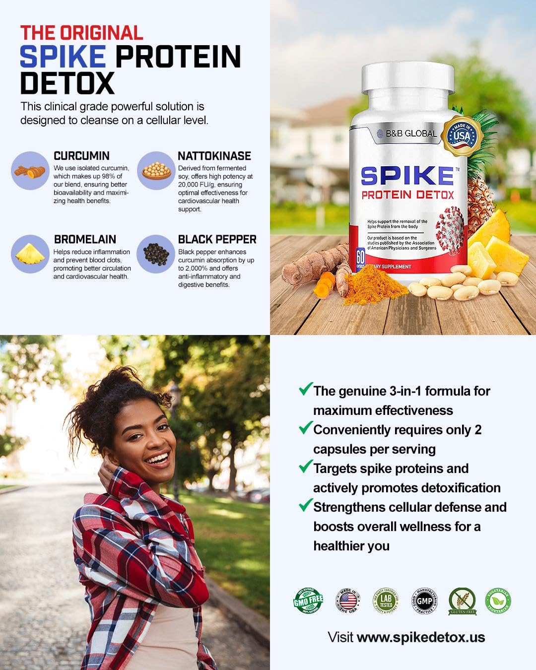 Spike Protein Detox Supplement - 3-in-1 Ultimate Nattokinase 4000 FU, Bromelain 500mg, Curcumin 1000mg - Unflavored Spike Detox Cleanse - Wellness Formula for Immune & Spike Support - 60 Capsules