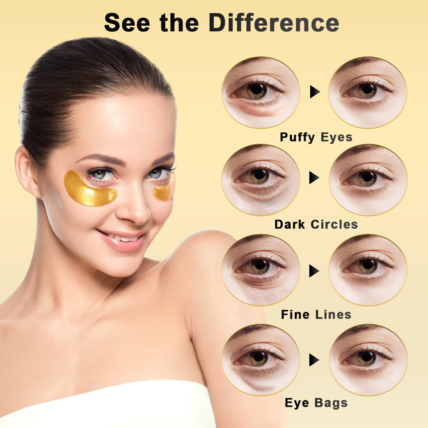 24K Gold Under Eye Patches, 24 Pairs Gel Eye Pads Skincare, Collagen Hyaluronic Acid, Against Dark Circles, Self Care Mask for Bags, Puffiness, Wrinkle Removal, Dermatologically Tested