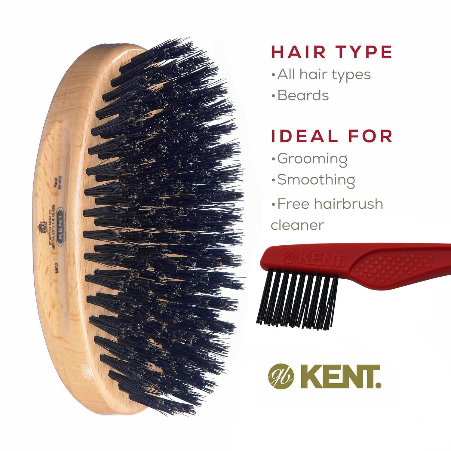 Kent MG2 Boar Bristle Hair Brush for Men, Military Brush with Natural Boar Bristles for Mens Grooming for All Hair Types, 360 Wave Brush Travel side for beard and mustache