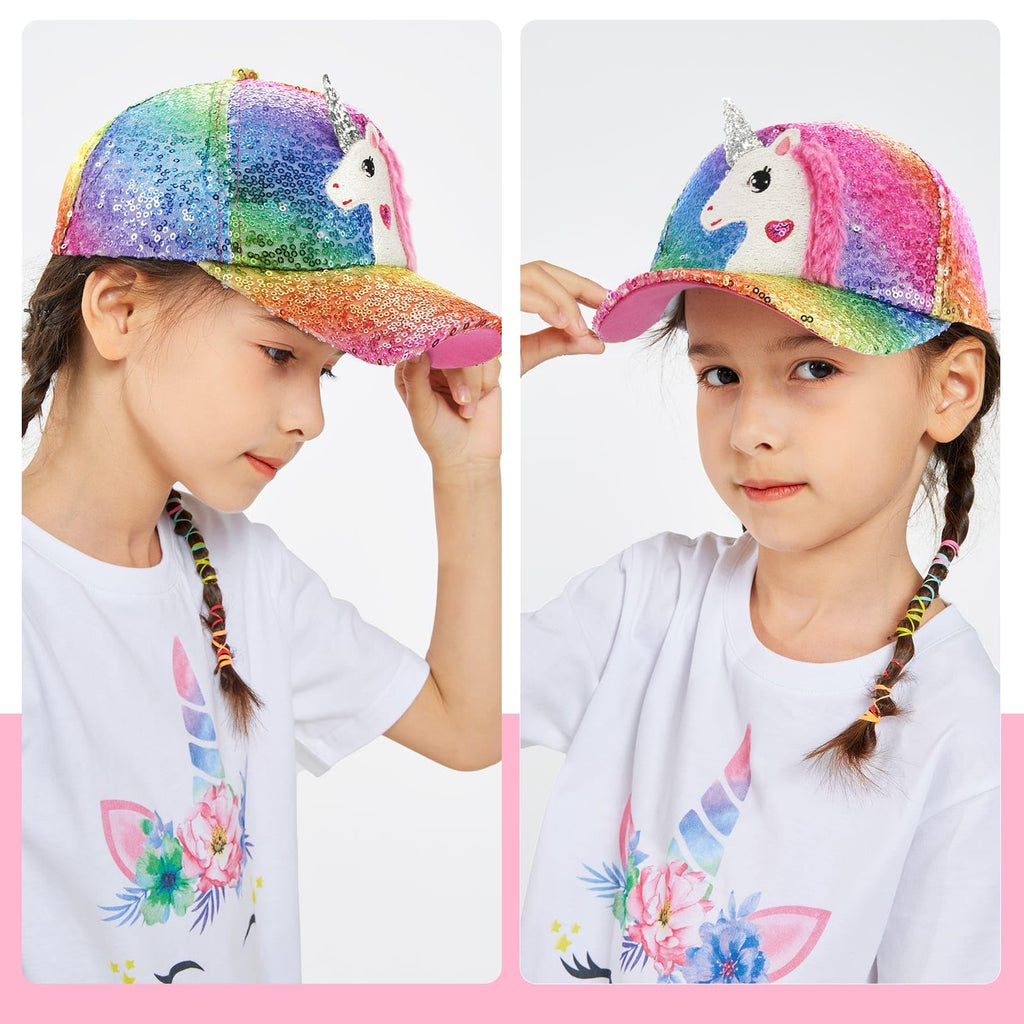 WAWSAM Girls Baseball Cap Kids Hat Unicorn Sequin Baseball Cap Adjustable Toddler Girls Hat Sparkly Summer Sun Hat for Girls Age 3-8 (UK, Age, 4 Years, 8 Years, Sequin Purple & Green)