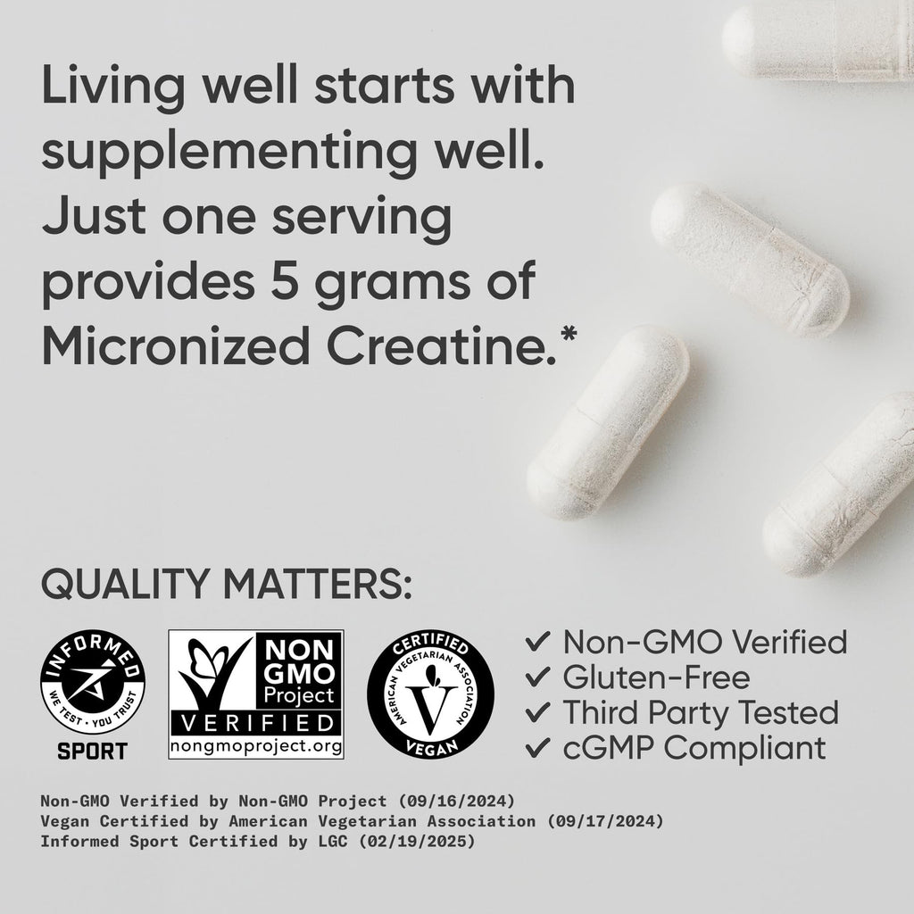 Sports Research® Creatine Monohydrate Capsules - Supports Workout Recovery, Lean Muscle gain, Performance and Strength* - Non-GMO, Vegan Certified - 5g per Servings - 120 Veggie Capsules