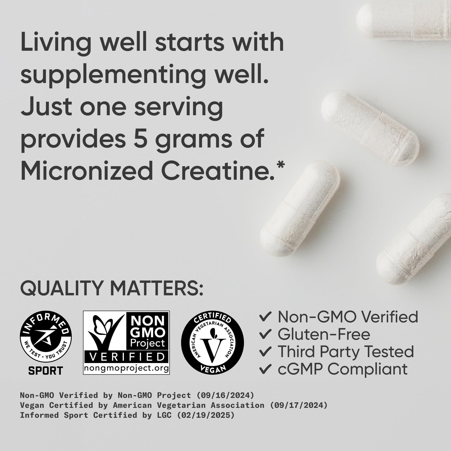 Sports Research® Creatine Monohydrate Capsules - Supports Workout Recovery, Lean Muscle gain, Performance and Strength* - Non-GMO, Vegan Certified - 5g per Servings - 120 Veggie Capsules
