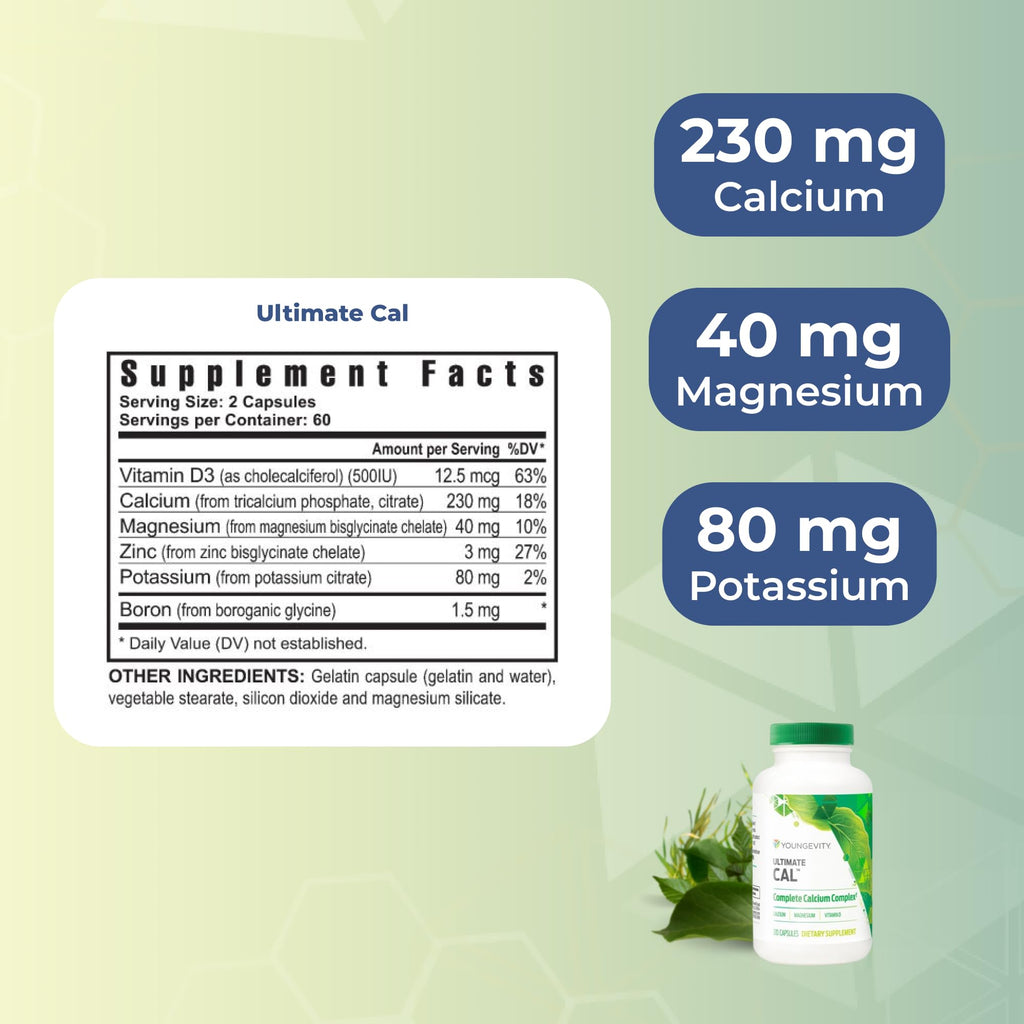 Youngevity Ultimate Cal - Calcium Magnesium Bone Health Supplement with D-3, Zinc, Potassium, Boron - Highly Absorbable - Immune and Bone, Ligament Support - 120 Capsules (Pack of 1)