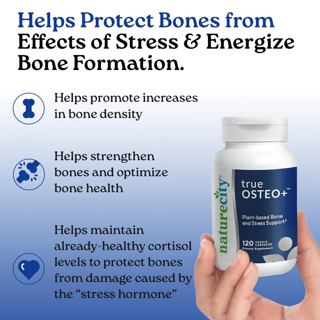 NatureCity True-Osteo Plus Bone Support with Ashwagandha – for Strength & Density – Plant-Based Calcium with Organic AlgaeCal, Magnesium, Vitamin D3, K2, Silicon & Stress Support | 360 Veggie Capsules