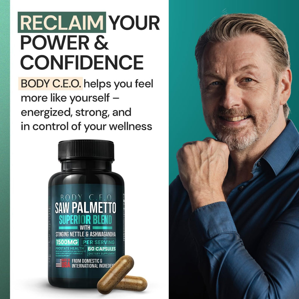 Body C.E.O. Saw Palmetto for Men 1500mg Supplement - Prostate Health & Urinary Flow Support - Ashwagandha, Lycopene & Pumpkin Seed - Third Party Tested, USA Made, Vegan & Cruelty Free - 60 Capsules