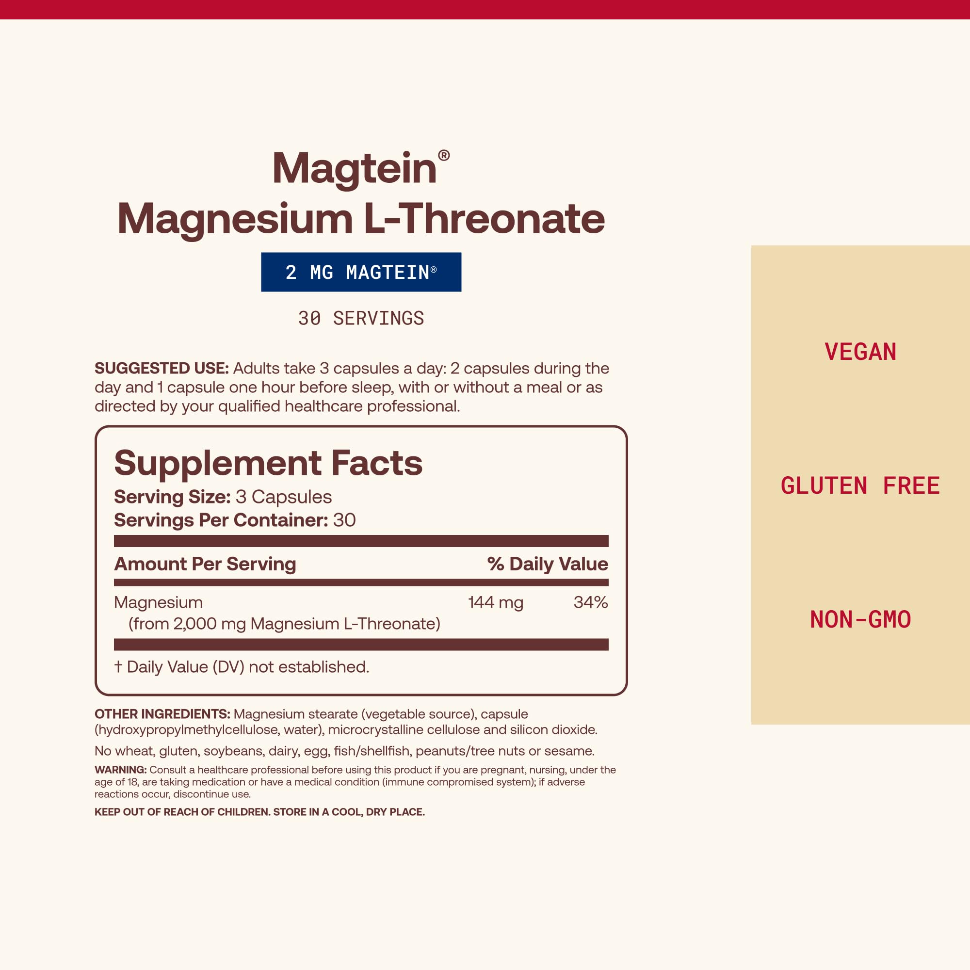 Jarrow Formulas Magnesium L-Threonate, MagMind Magtein Magnesium Supplement, Brain Supplements for Memory Support, 90 Veggie Capsules, Up to a 30 Day Supply