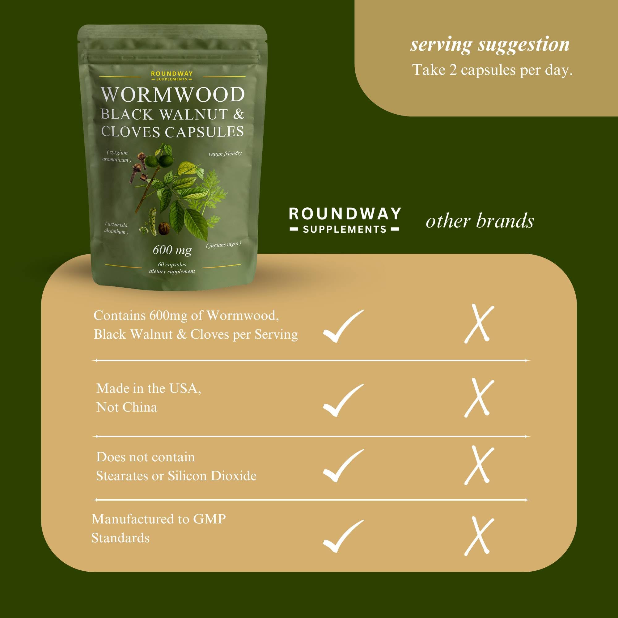 Roundway Supplements Wormwood Black Walnut Hull and Clove Capsules | High Strength Cleanse for Humans. 2 Months Supply | 60 Capsules, 600mg. Gluten-Free and Non-GMO. Vegan Supplement (Pack of 1)