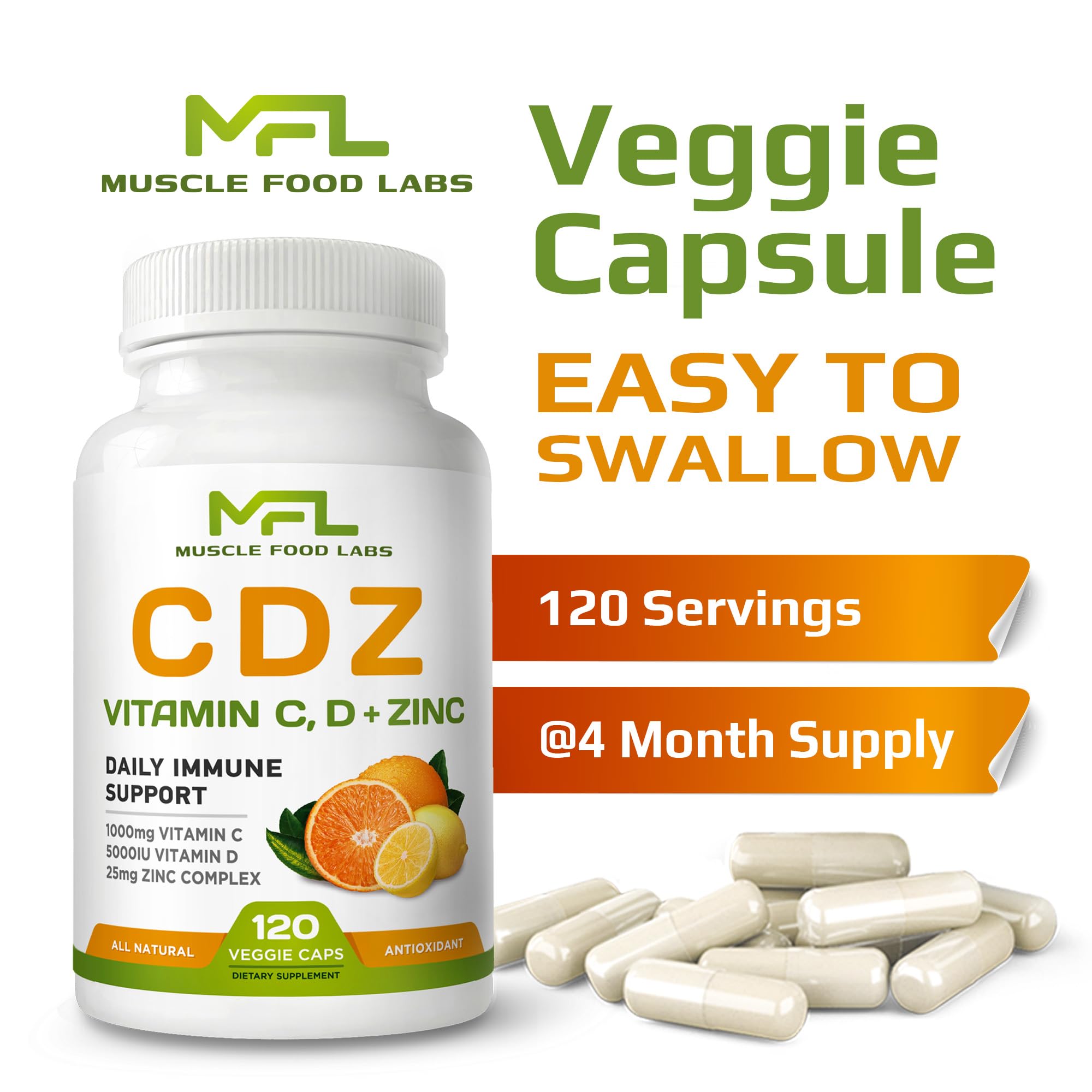 MUSCLE FOOD LABS 2 Pack, C D Z | Vitamin C, 1000mg | Vitamin D3, 125mcg | Zinc, 25mg | Non-GMO & Gluten Free | 240 Servings