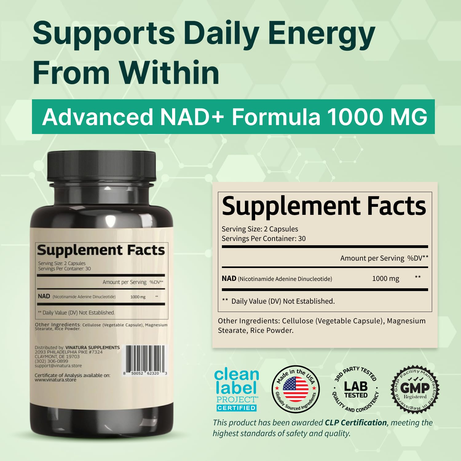 VINATURA NAD Supplement 1000mg - Pure NAD Supplement for Anti-Aging