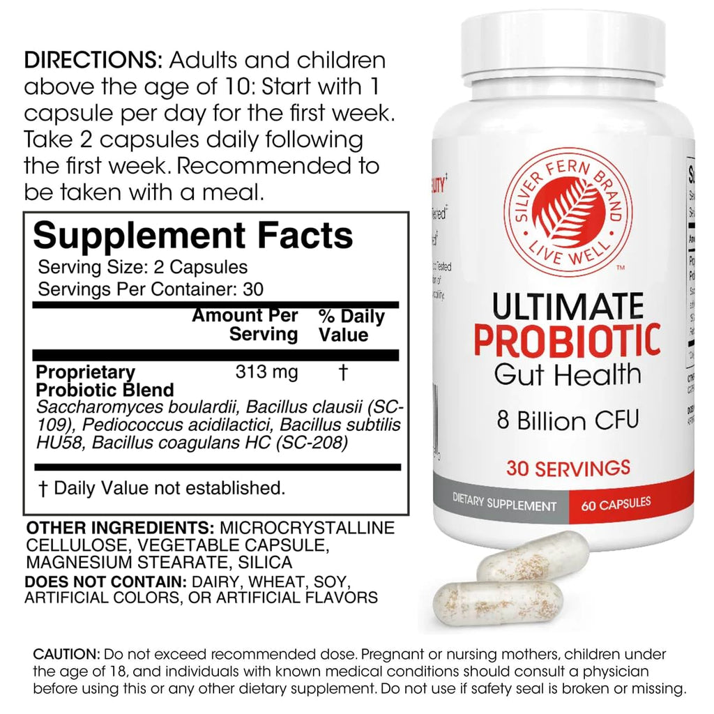 Silver Fern Brand Ultimate Probiotic - Probiotics for Women & Men - 8 Billion CFU Spore-Forming Gut Health Supplement - DNA Verified, Vegan, Shelf-Stable, High Survivability - 60 Capsules