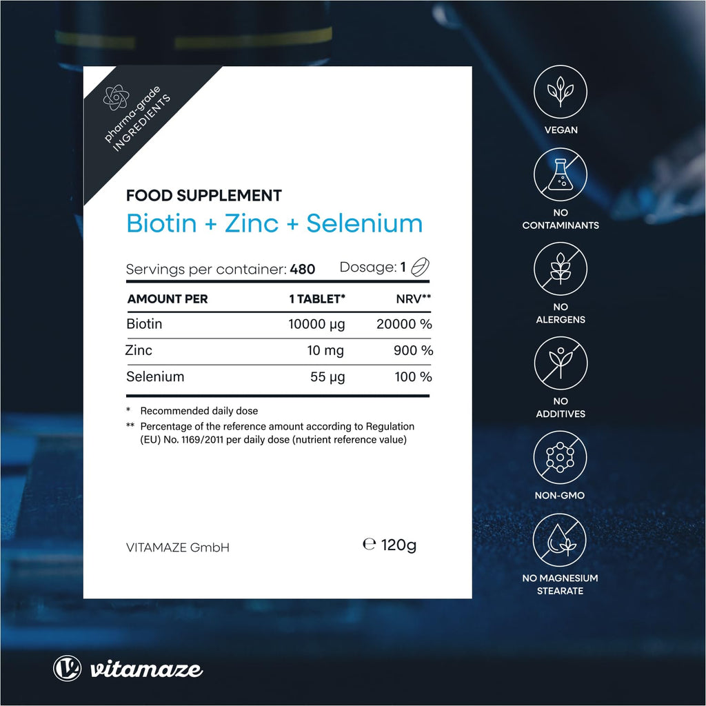 Biotin Hair Growth 480 Tablets (+1 Year Supply) with Selenium + Zinc. Biotin 10.000mcg for Hair Growth, Skin and Nails Nourishment, Vegan Small Tablets, German Quality, Vitamaze®