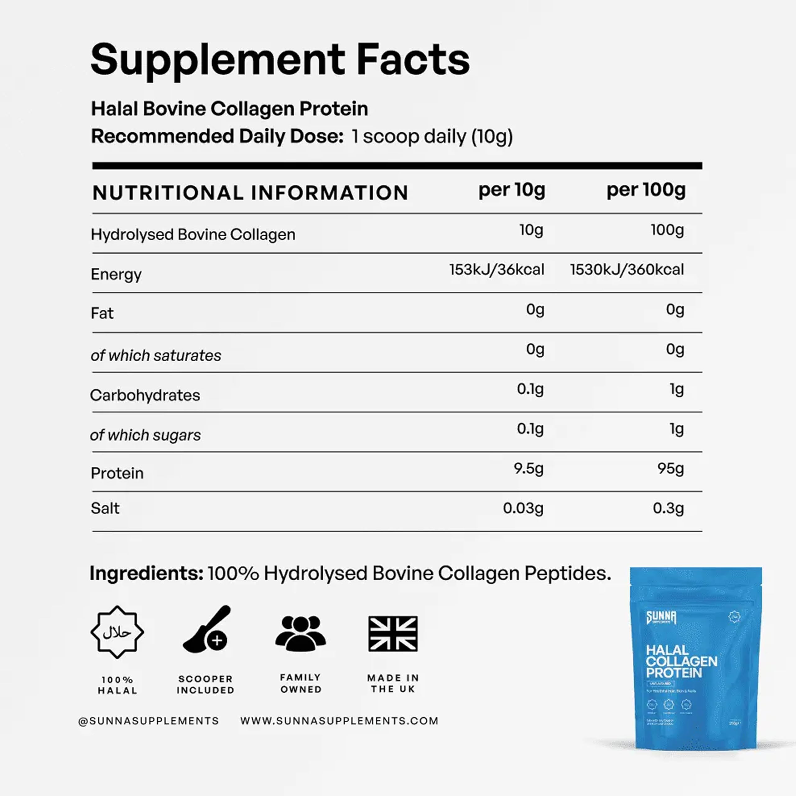 SUNNA SUPPLEMENTS Grass-Fed Halal Collagen Powder - Type I & III Hydrolyzed Bovine Peptides for Joint, Skin, Hair & Nail Support - High Protein, Gluten-Free, Keto & Paleo Friendly - Unflavored