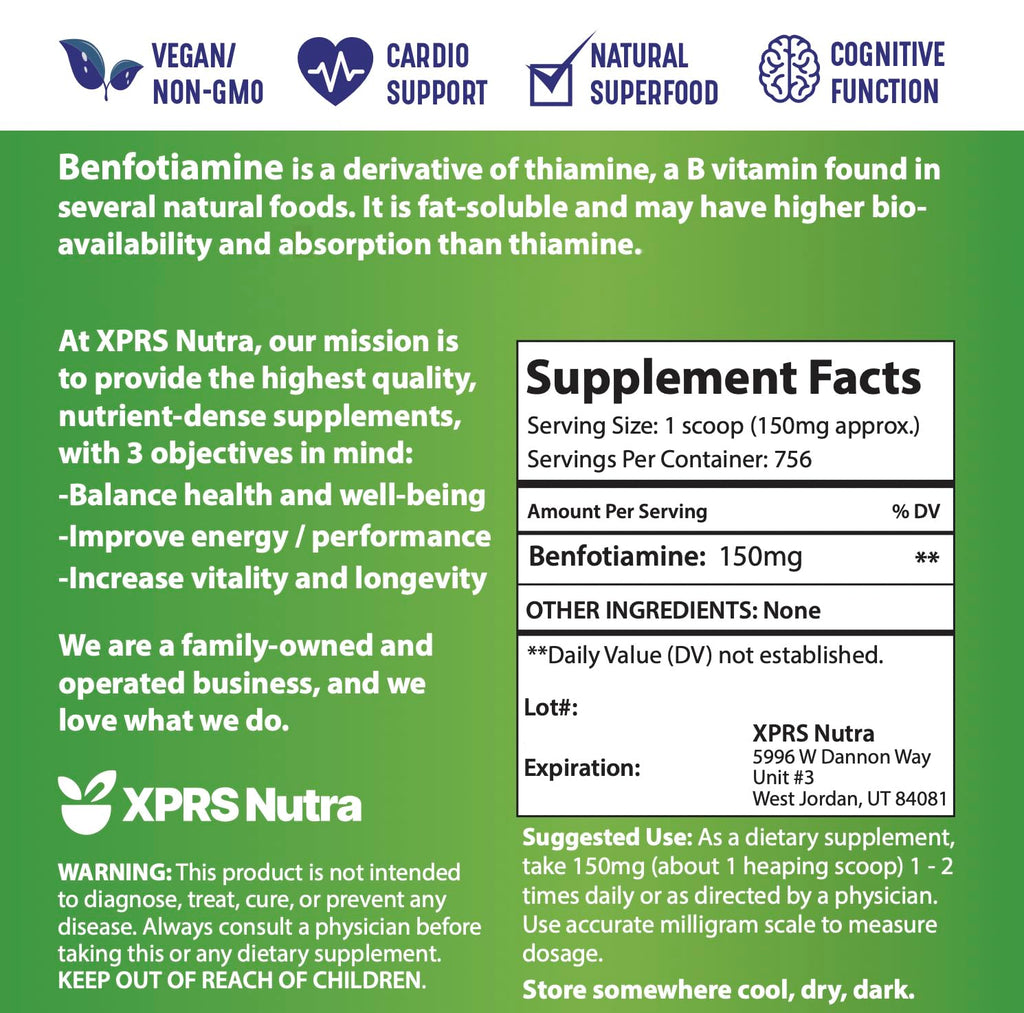 XPRS Nutra Benfotiamine Powder (Thiamine) - Fat Soluble Happy Heart Thiamine Supplement - Advanced Vitamin B1 Benfotiamine for a Cognitive Boost - Vegan Friendly Benfotamine Powder (4 Ounce)