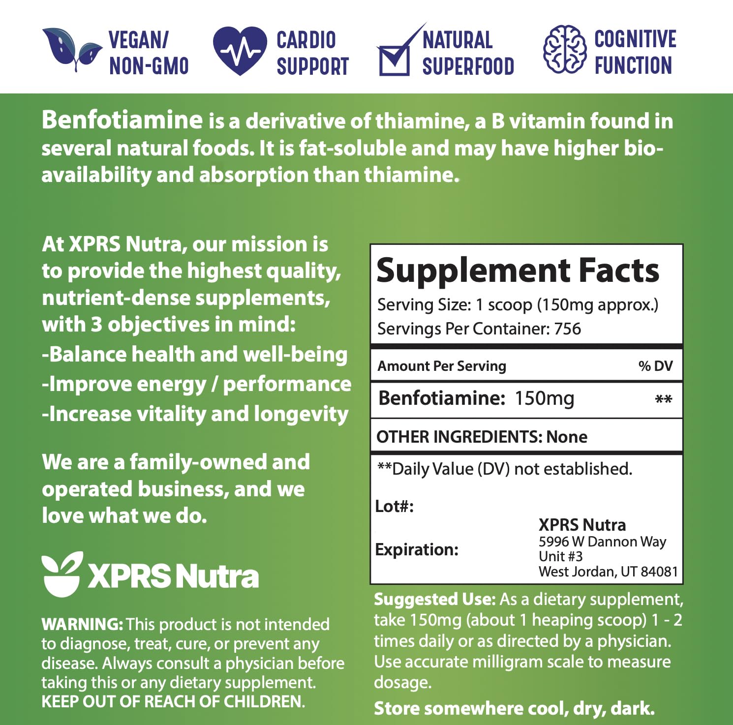 XPRS Nutra Benfotiamine Powder (Thiamine) - Fat Soluble Happy Heart Thiamine Supplement - Advanced Vitamin B1 Benfotiamine for a Cognitive Boost - Vegan Friendly Benfotamine Powder (4 Ounce)