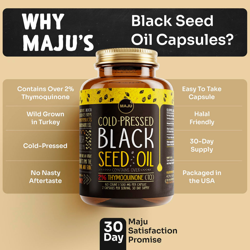 Maju Superfoods Black Seed Oil Capsules - Cold Pressed, 3X Thymoquinone, 100% Turkish Black Cumin Nigella Sativa Seed Oil, Liquid Pure Blackseed 60 Count, 500mg per Capsule
