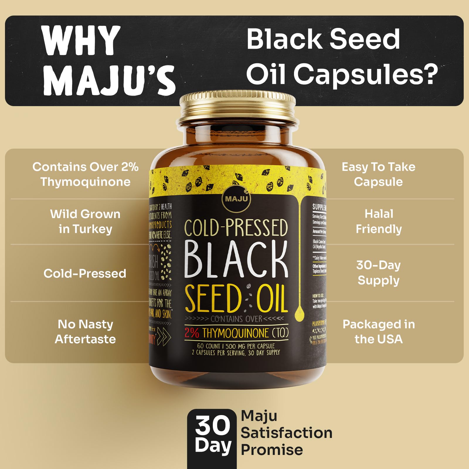 Maju Superfoods Black Seed Oil Capsules - Cold Pressed, 3X Thymoquinone, 100% Turkish Black Cumin Nigella Sativa Seed Oil, Liquid Pure Blackseed 60 Count, 500mg per Capsule