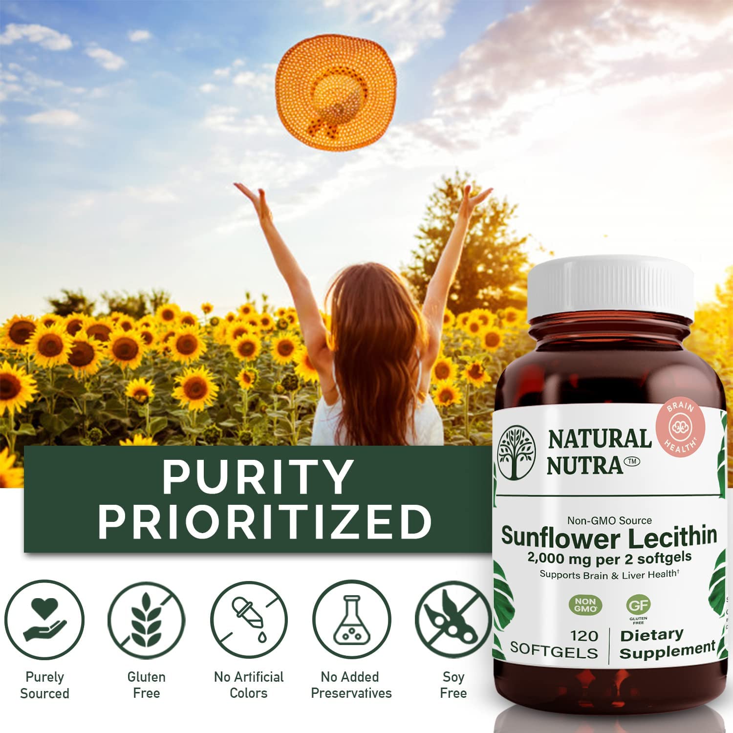 Natural Nutra Sunflower Lecithin Supplement 2000mg, Gluten-Free 120 Softgel