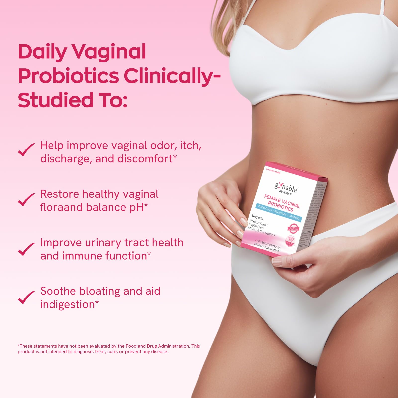 Gynable Vaginal Probiotics for Women Odor & Itch Support, Urinary | pH Balance, Female Probiotics 10 Billion CFU Lactobacillus Probiotics Blend,Selenium-Vitamin C/E/D3 Promote Immune Health, 30 Count