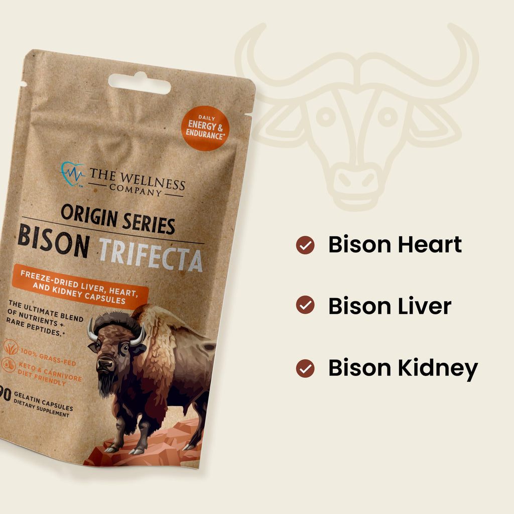 Bison Trifecta - Super-Bioavailable Multivitamin, Heme Iron, All Natural - Heart, Kidney, Liver, Grass-Fed & Finished, No Vaccines or Hormones | 90ct (1 Month Supply)