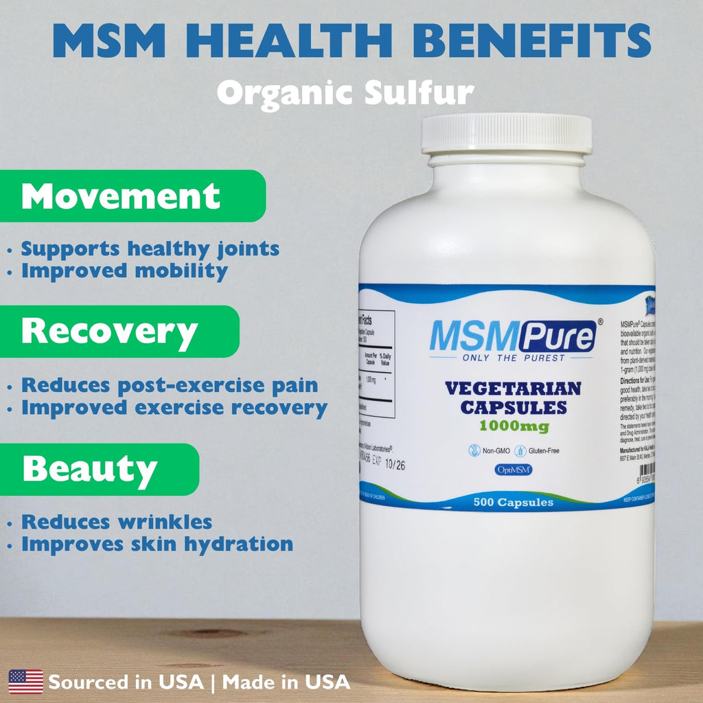 KALA HEALTH MSMPure MSM Vegetarian Capsules – 1,000 mg US-Made MSM per Capsule for Joint Health, Skin Appearance, Hair & Nail Support – 500 Count, Organic Sulfur