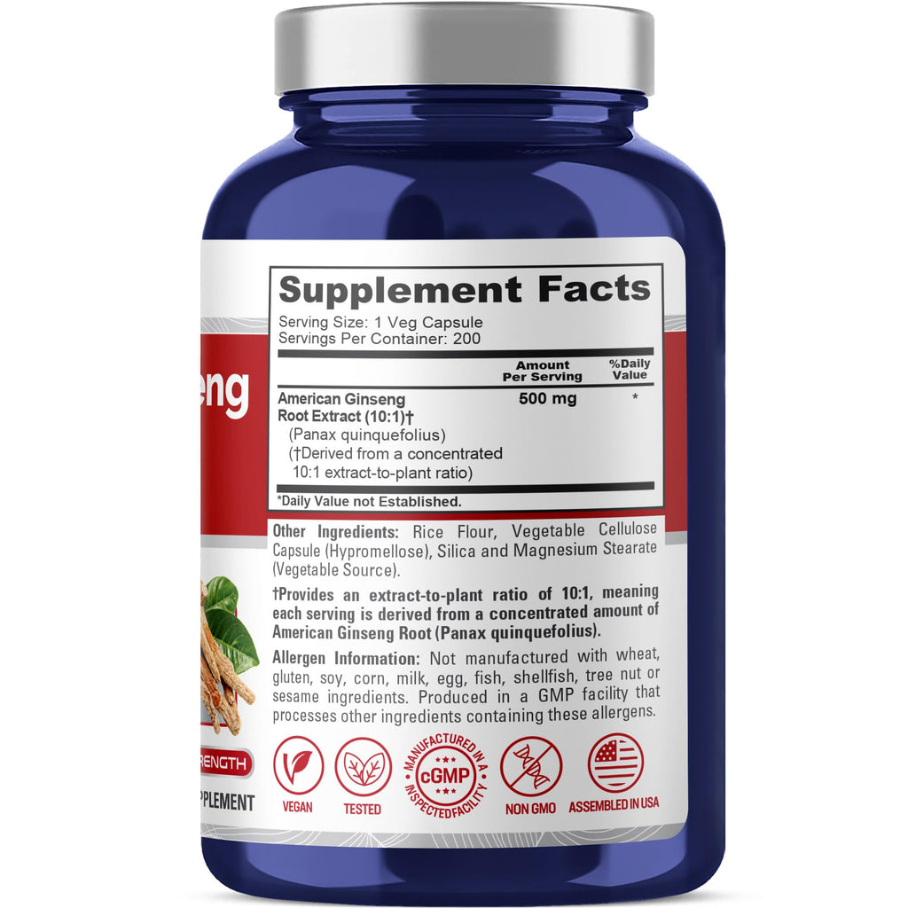 NusaPure American Ginseng Capsules, 500 mg, 200 Veg Capsules (Non-GMO, Vegan)