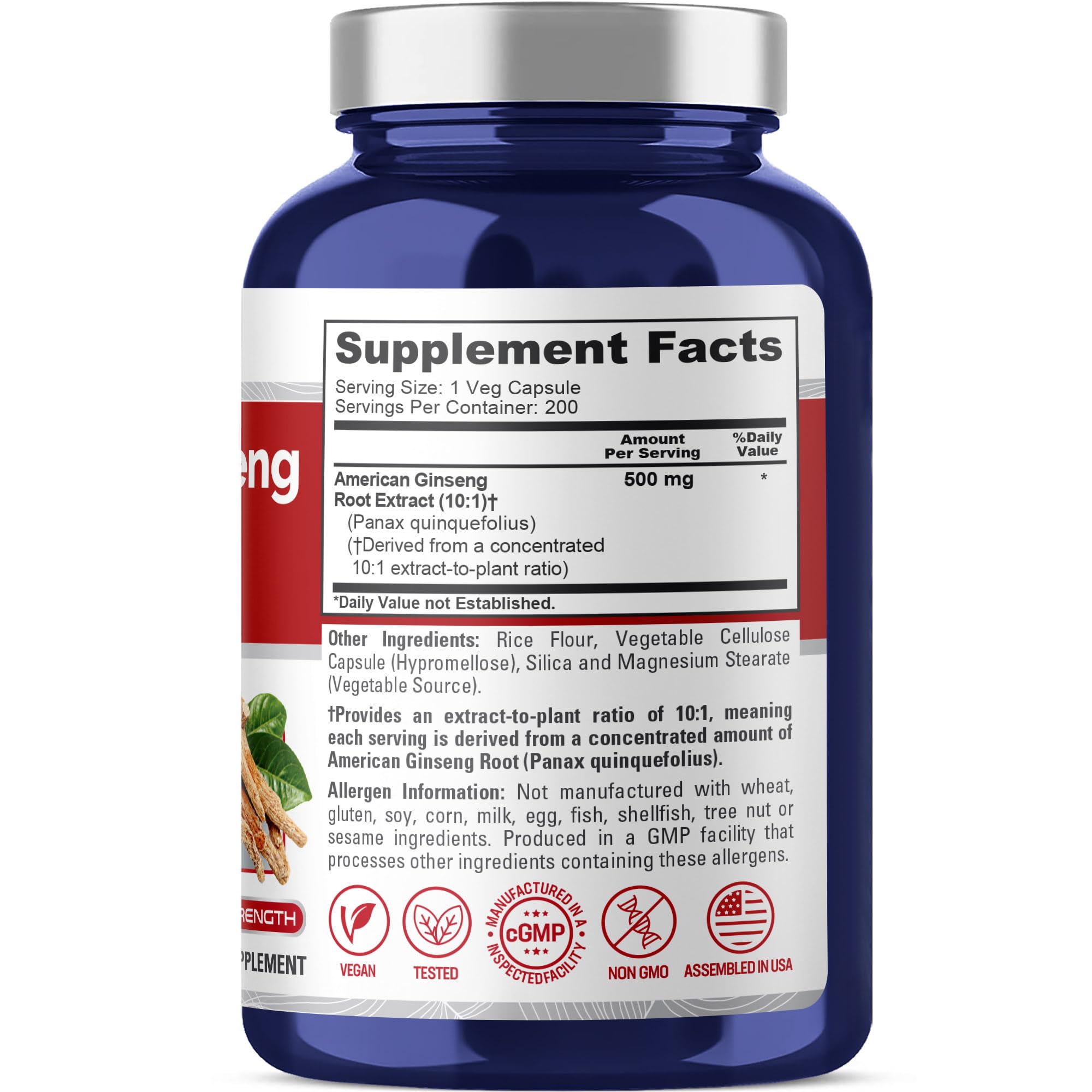 NusaPure American Ginseng Capsules, 500 mg, 200 Veg Capsules (Non-GMO, Vegan)