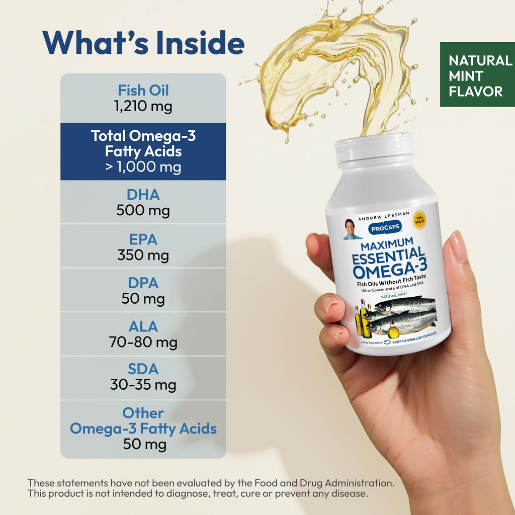 ANDREW LESSMAN Maximum Essential Omega-3 Mint - 180 Softgels - Ultra-Pure, High Potency Omega-3 Oils. High DHA, No Stomach Upset, No Contaminants, No Mercury. Small Easy to Swallow Softgels