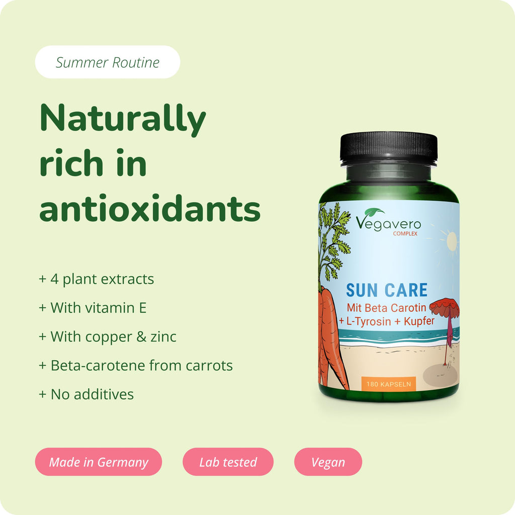 Vegavero Tanning Capsules | Beta Carotene, Vitamin E, L-Tyrosine, Copper, Zinc & Olive Leaf Extract | Flavonoids | Lycopene | Skin Protection Support | NO Additives, Lab-Tested | Vegan